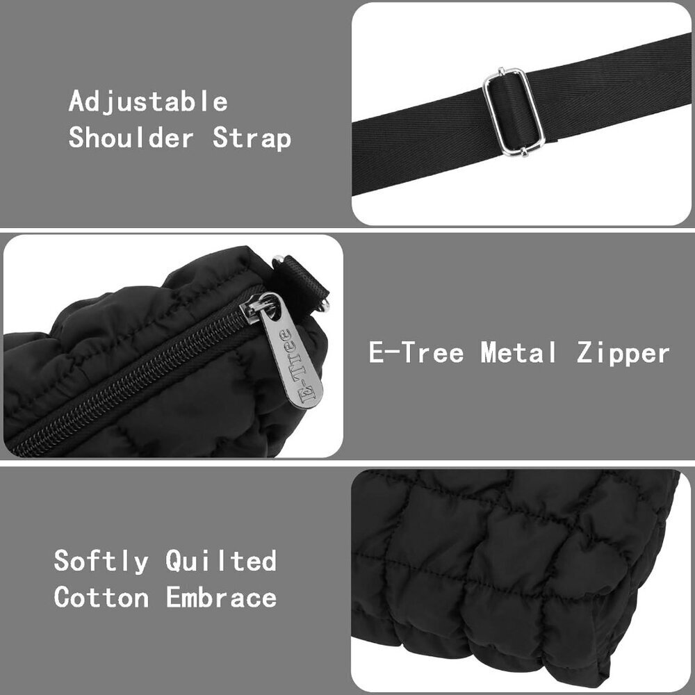 Quilted Crossbody Bag Unisex Puffer Shoulder Purse with Zipper - Picture 2 of 6